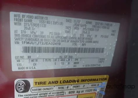 2018 Ford Expedition Xlt из США, поврежденный, VIN 1FMJU1JT2JEA02419